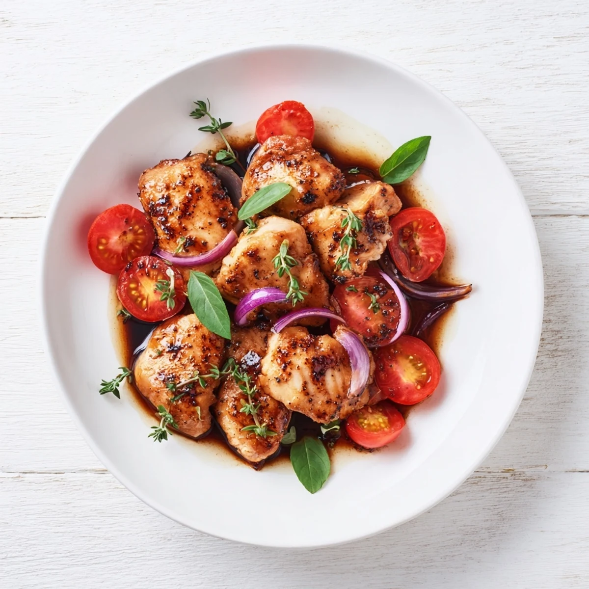 Golden seared chicken breasts coated in a glossy balsamic glaze with roasted cherry tomatoes and fresh herbs.