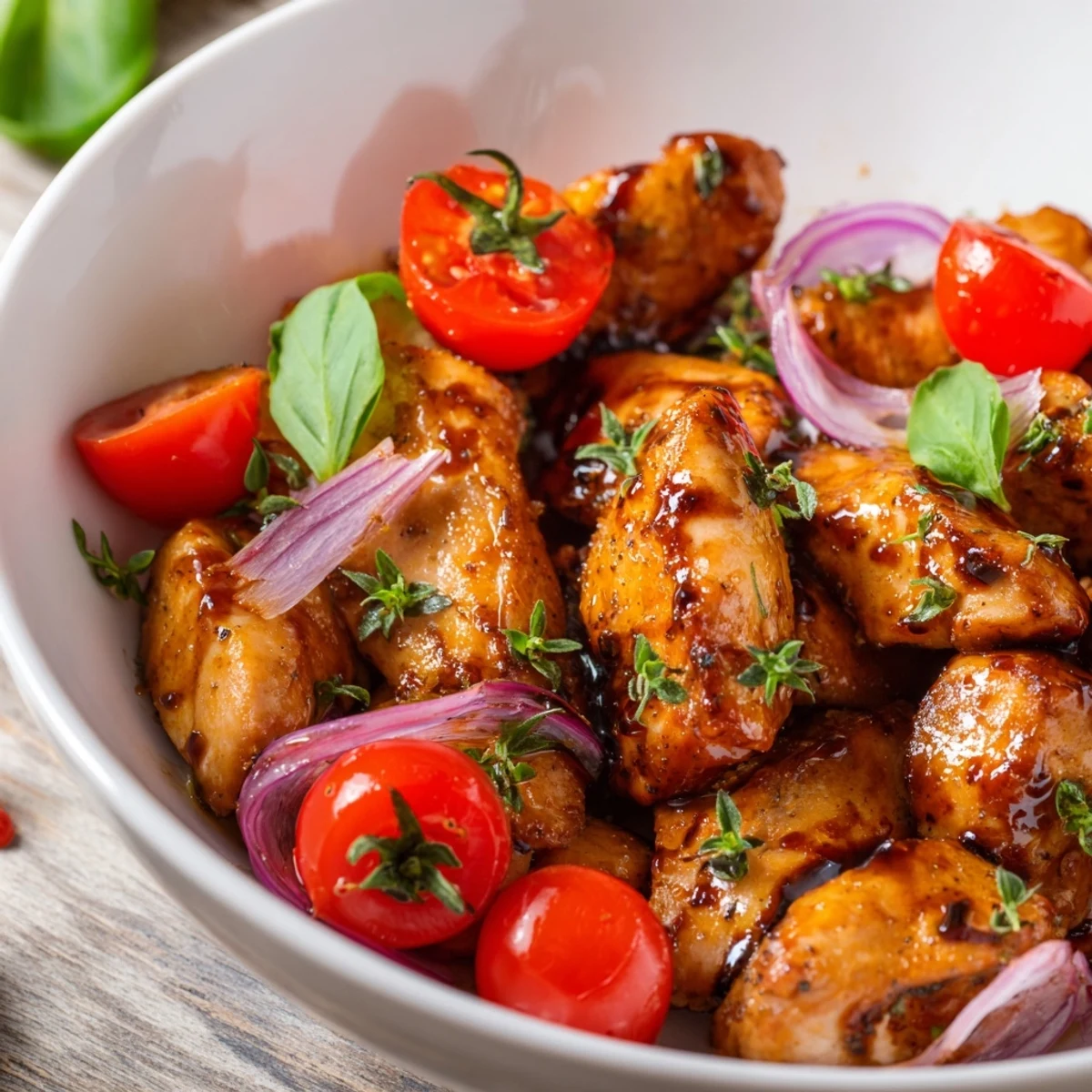 One Pan Juicy Chicken With Balsamic Sauce simmers in a rich, garlicky sauce perfect over rice or mashed potatoes.