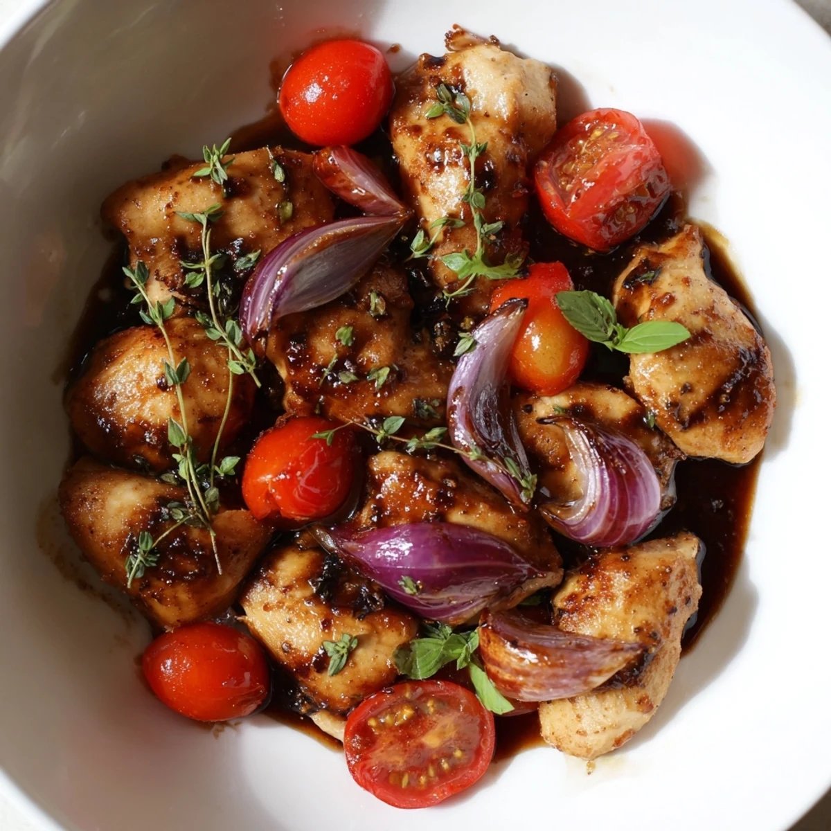 Tender sliced chicken and juicy tomatoes drizzled with balsamic glaze, garnished with basil, served warm in a skillet.