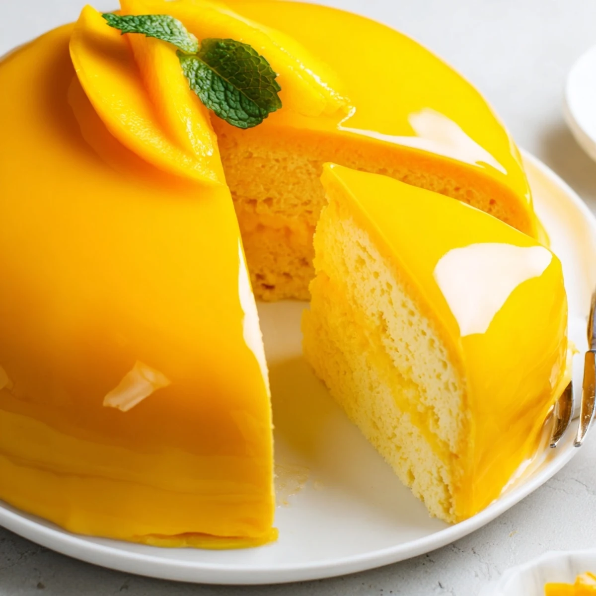 Fresh mango slices and mint garnish top a summery Mango Mousse Cake served on a white plate.