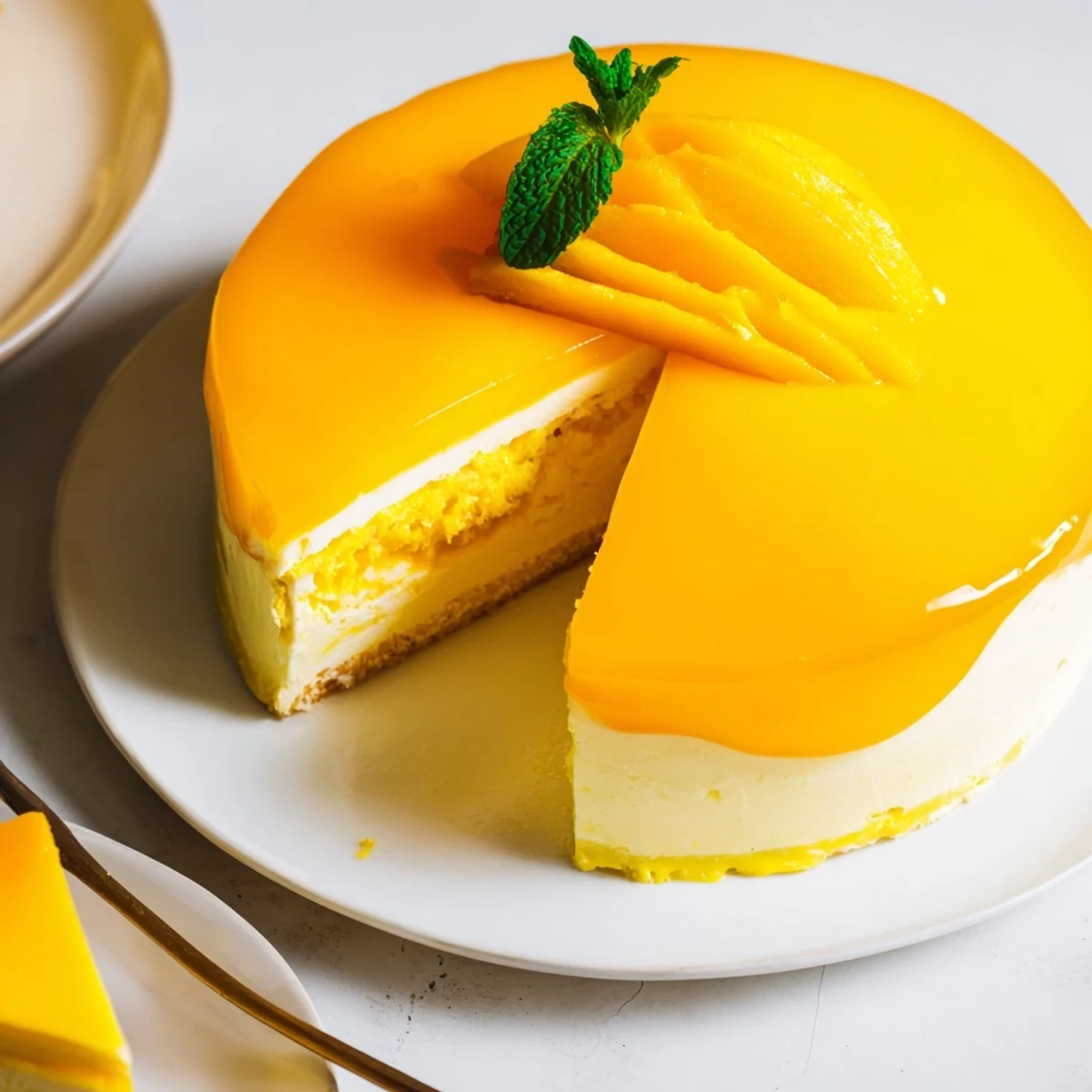 Close-up of a chilled Mango Mousse Cake slice with a tender sponge base and glossy mango glaze.