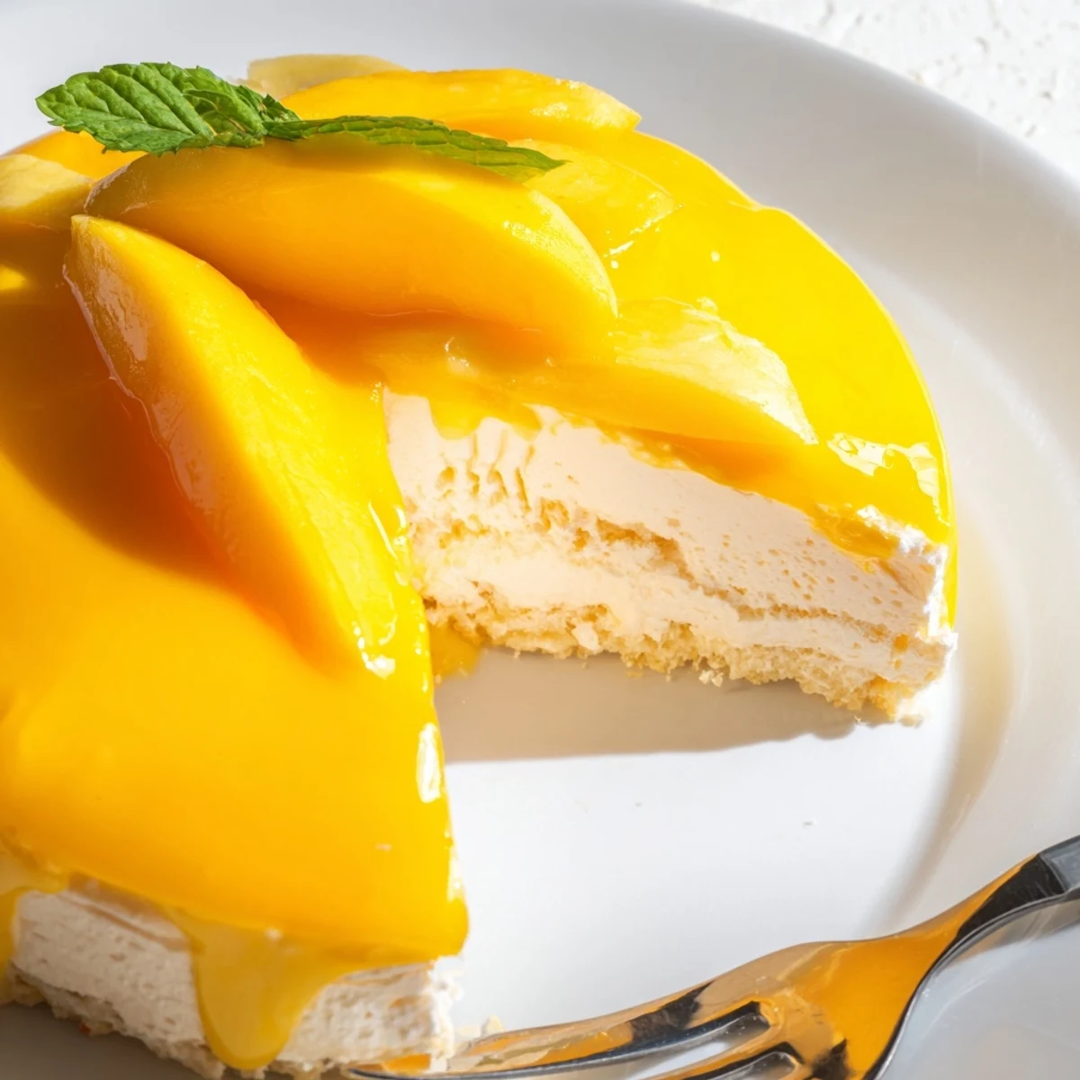 Layered Mango Mousse Cake shows fluffy mousse and smooth glaze, perfect for warm-weather celebrations.