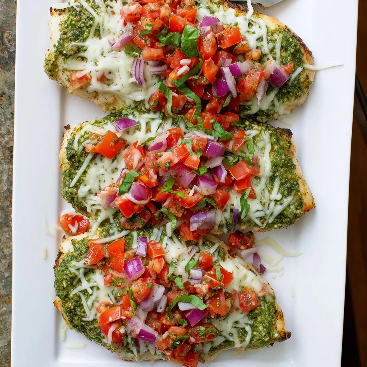 Juicy baked Pesto Bruschetta Chicken breasts topped with melted mozzarella and fresh tomato mixture.