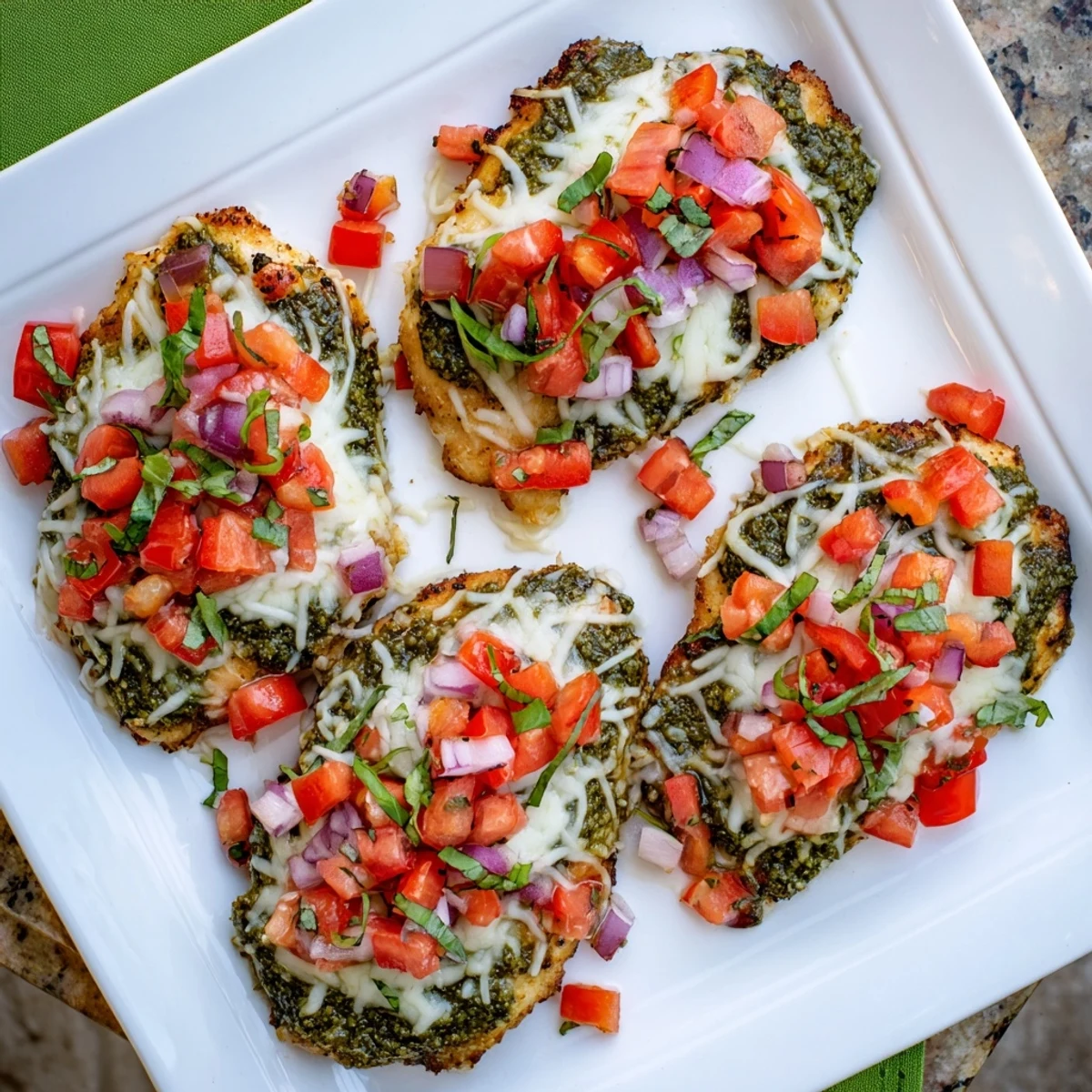 Tender Pesto Bruschetta Chicken served warm with vibrant basil pesto and a colorful bruschetta topping.