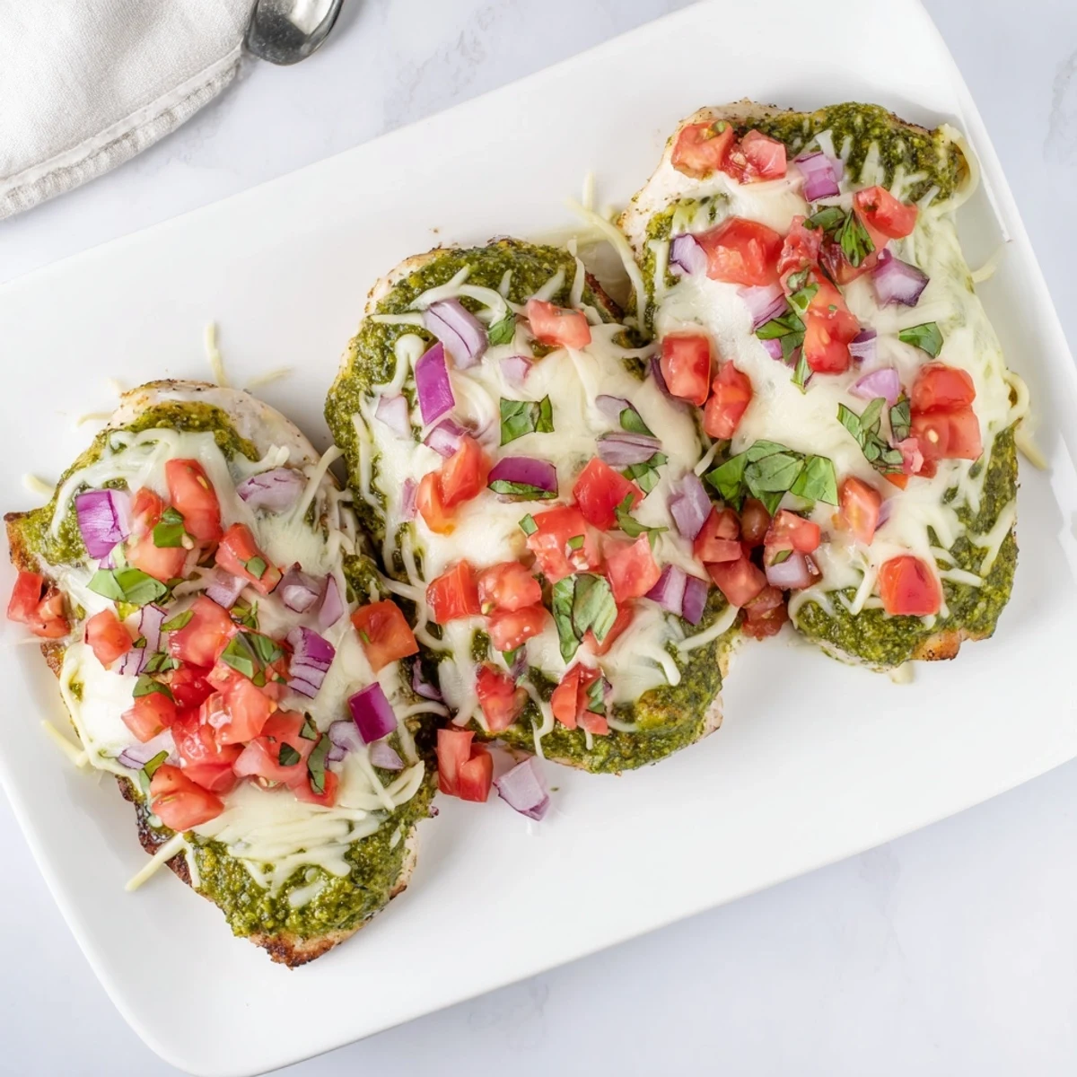 Golden, cheese-topped Pesto Bruschetta Chicken on a plate with olive oil drizzle and ripe tomatoes.