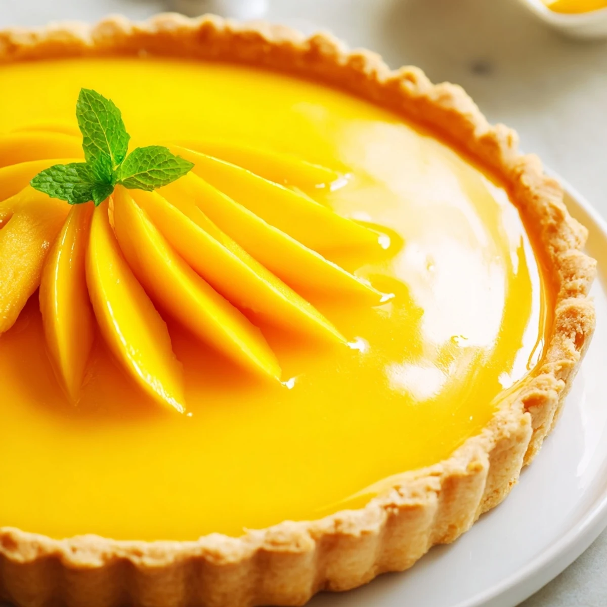 Golden slices of fresh mango top a glossy mango curd tart nestled in a crisp, buttery crust, perfect for summer entertaining.