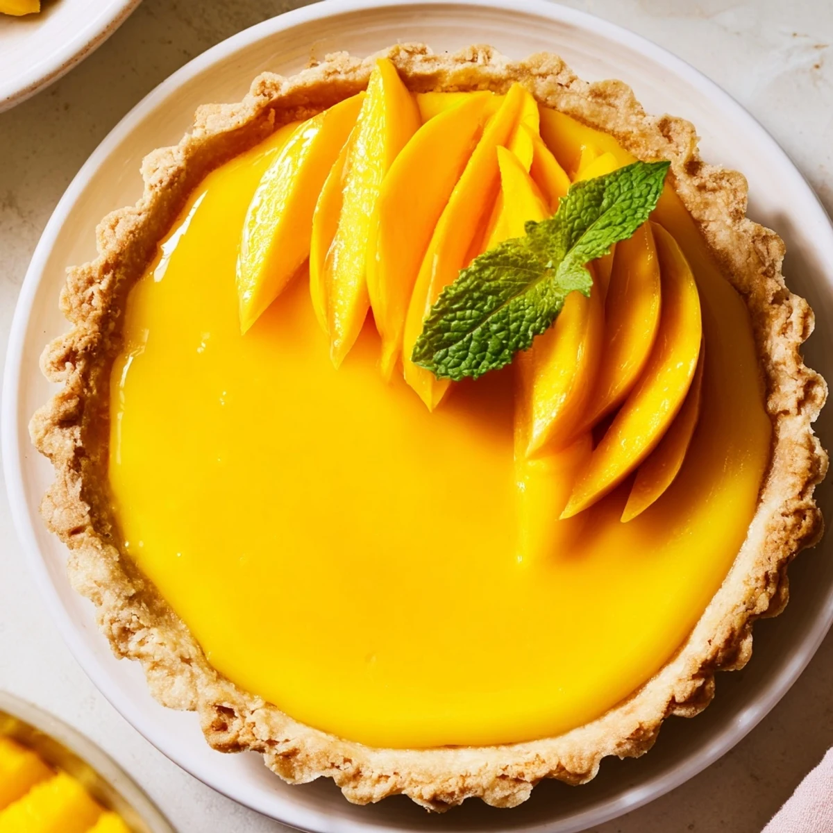 A rustic serving of mango curd tart is garnished with mint and edible flowers on a wooden table, ready to slice.