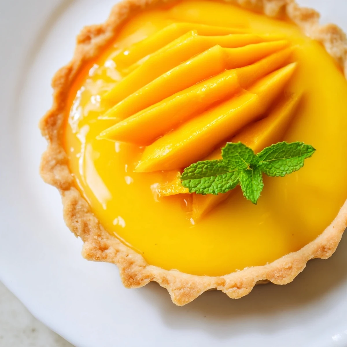 This close-up of mango curd tart reveals a silky, bright yellow filling in a baked tart shell, ideal for dessert lovers.