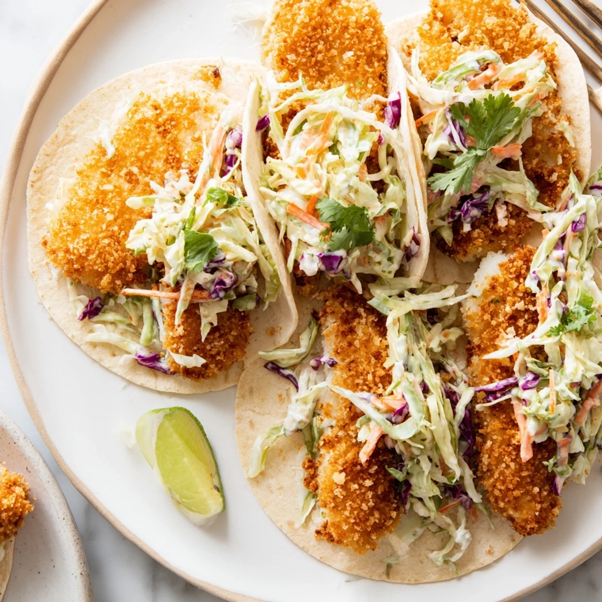Golden crispy fish tacos topped with colorful cilantro lime slaw in warm tortillas