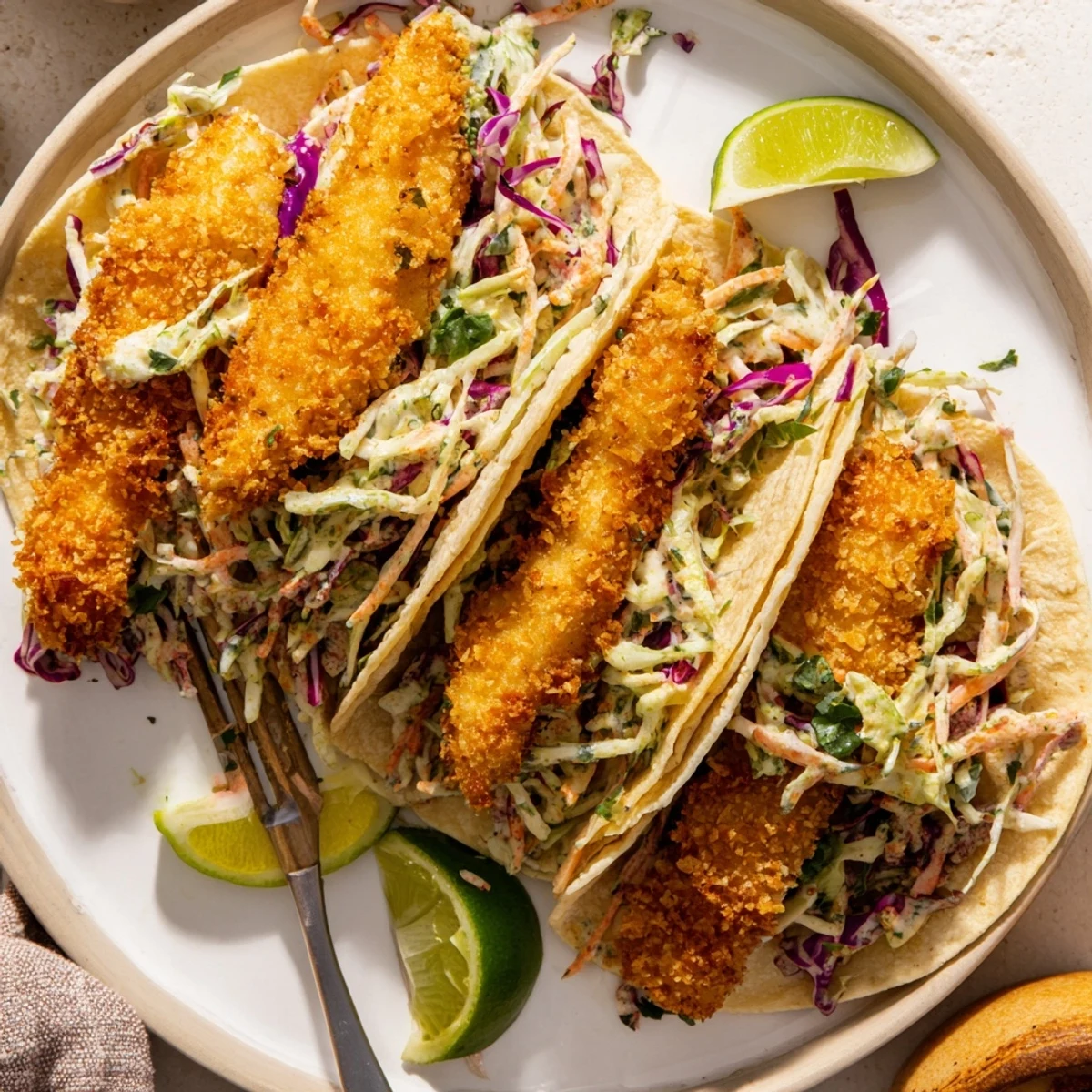 Battered fish fillets in soft tortillas piled high with tangy cilantro lime slaw