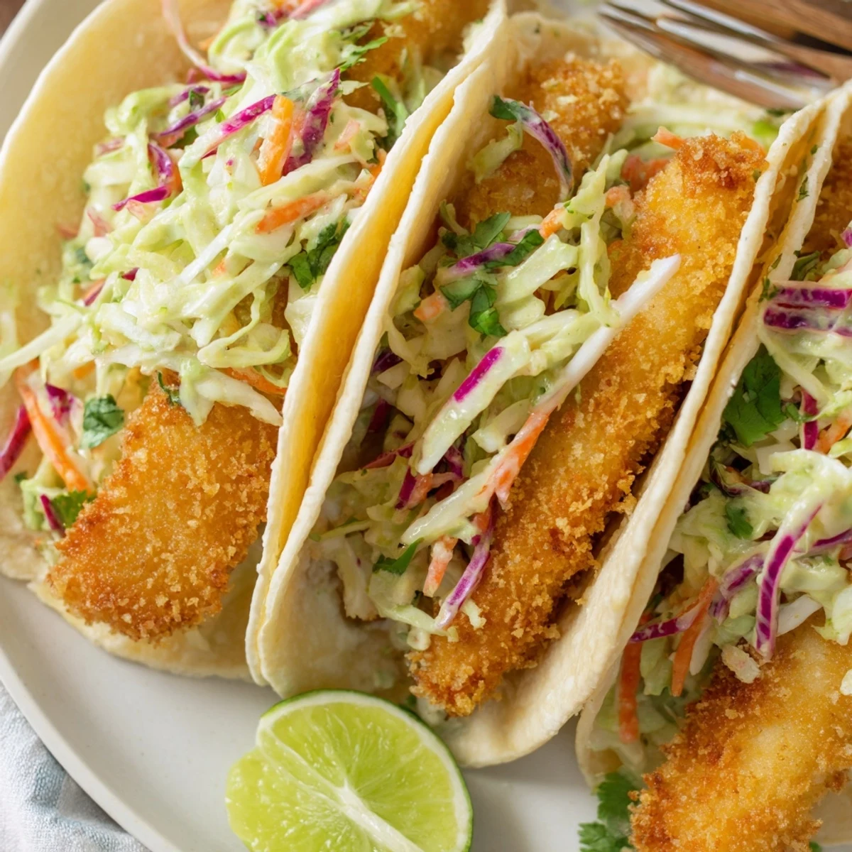 Homemade crispy fish tacos with crunchy panko coating and zesty fresh cabbage slaw