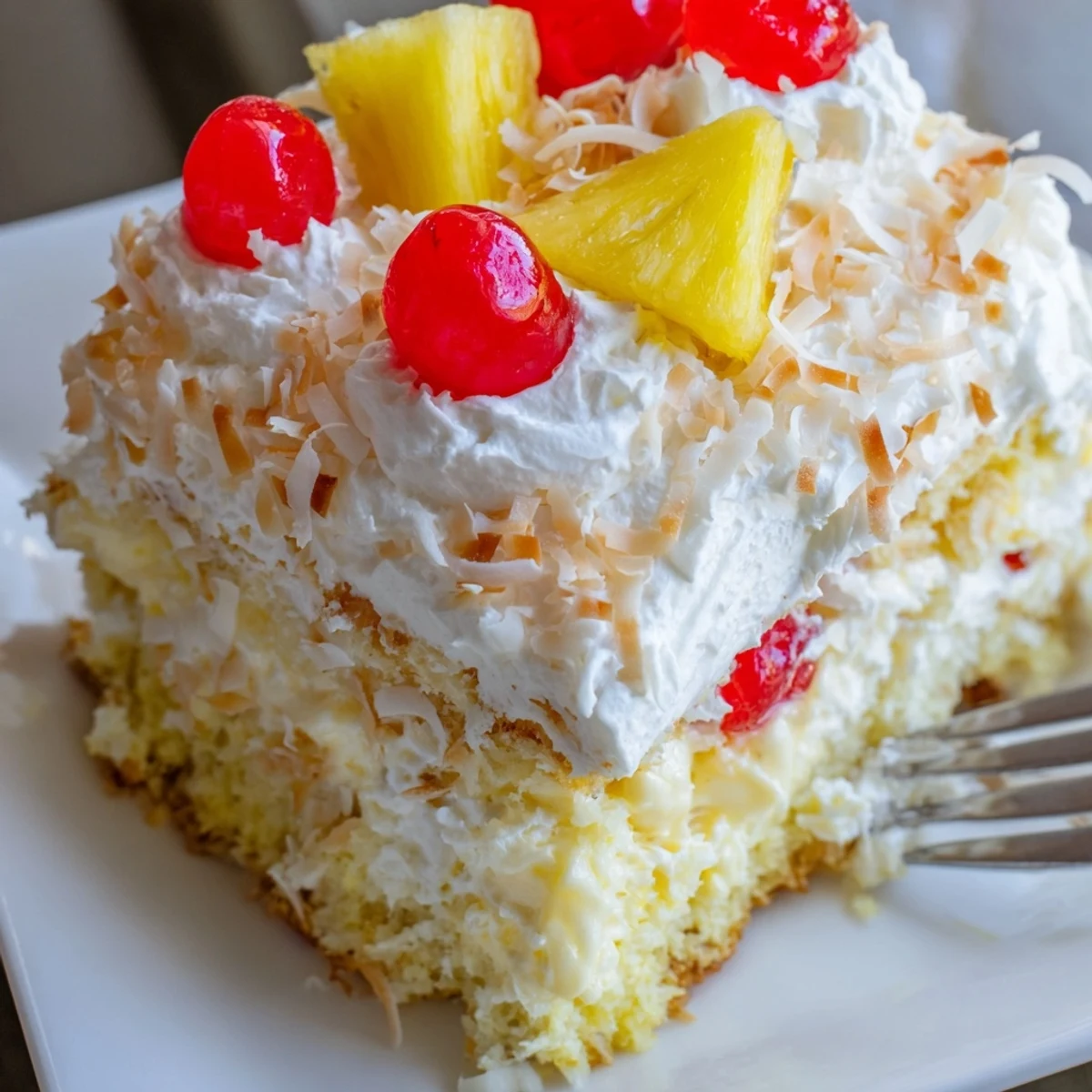 Golden slice of Hawaiian poke cake topped with fluffy whipped cream and toasted coconut flakes