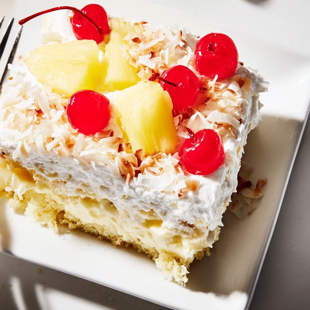 Creamy Hawaiian poke cake dessert with coconut pudding filling and maraschino cherry on top