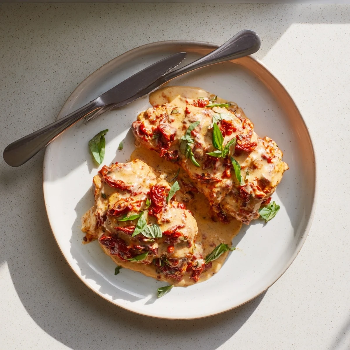 Golden seared pork chops swimming in rich creamy sun-dried tomato parmesan sauce with fresh basil garnish