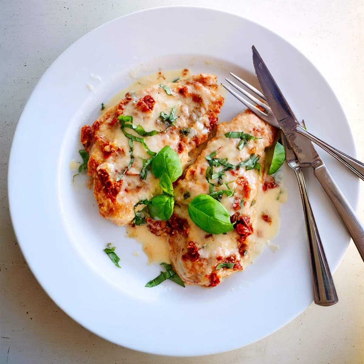 Succulent boneless Marry Me Pork Chops nestled in thick white sauce dotted with red tomatoes and parmesan