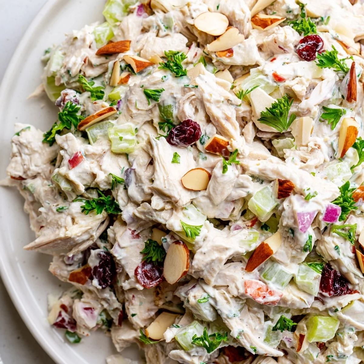 Creamy Greek yogurt rotisserie chicken salad with crisp red bell pepper and fresh parsley