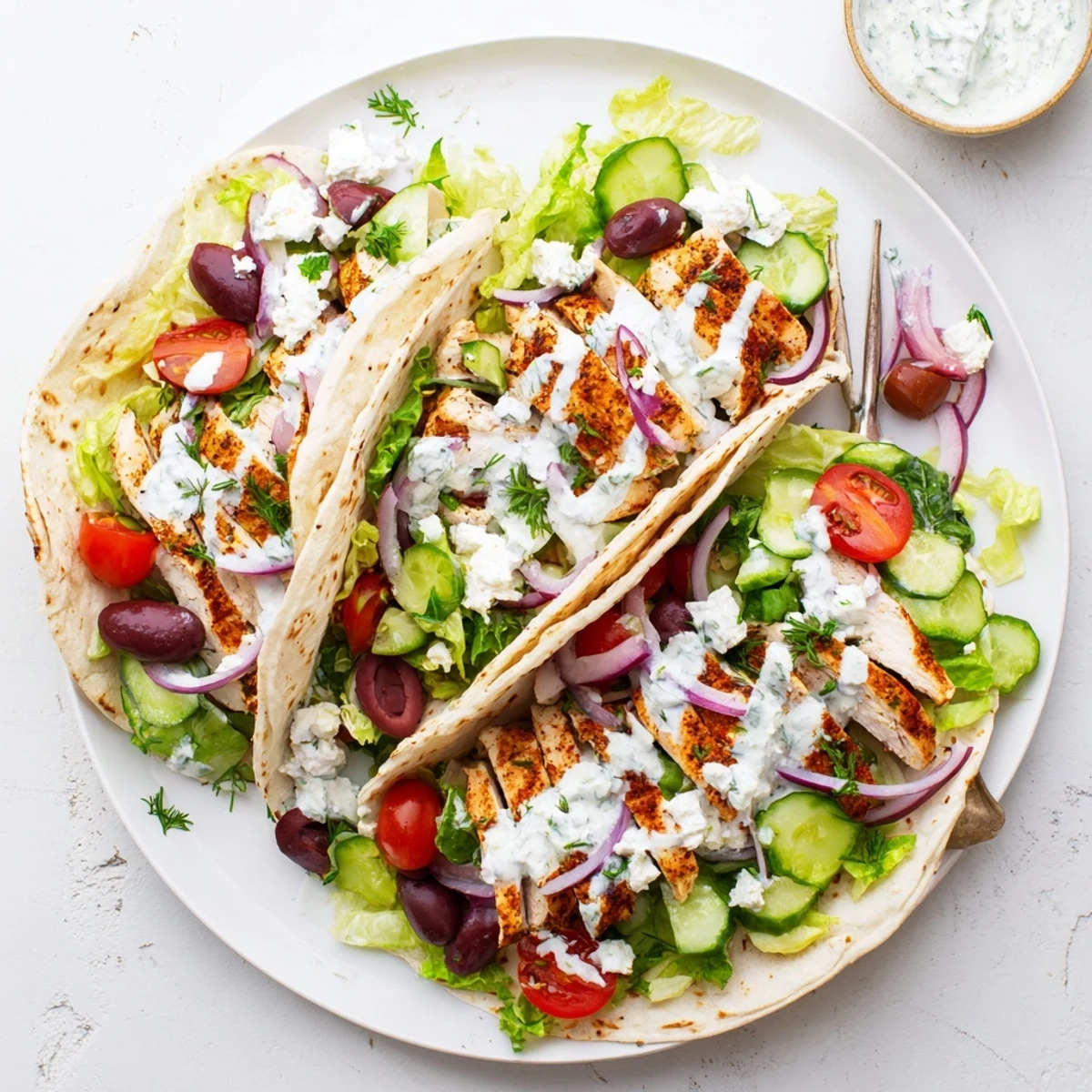 Golden grilled chicken inside soft tortillas topped with fresh vegetables and tangy yogurt sauce