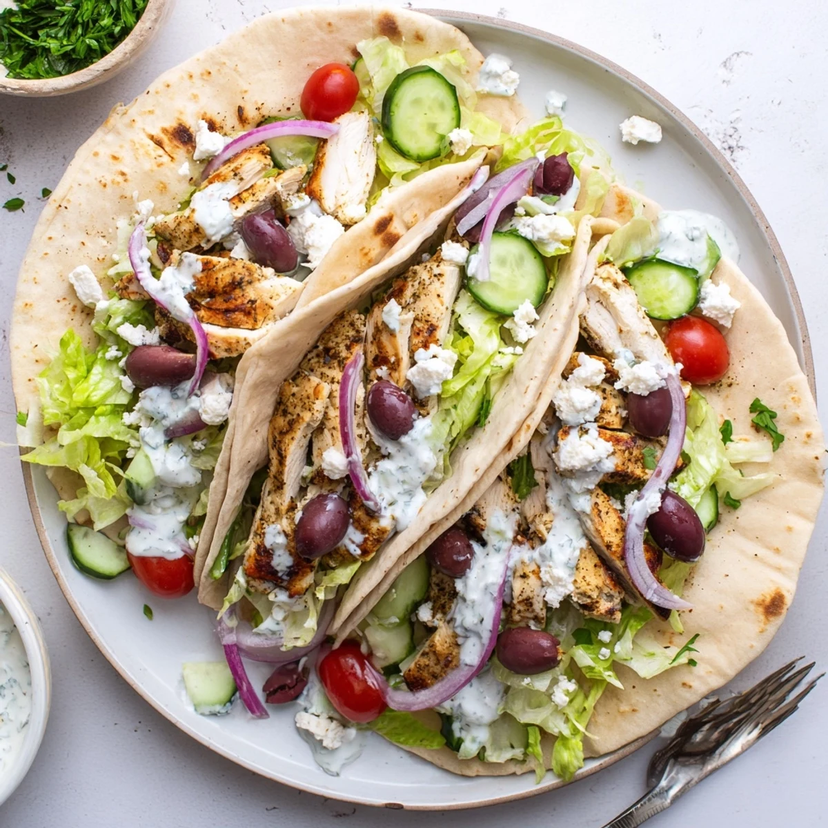 Mediterranean chicken tacos loaded with crisp cucumbers, tomatoes, feta cheese, and creamy garlic dressing