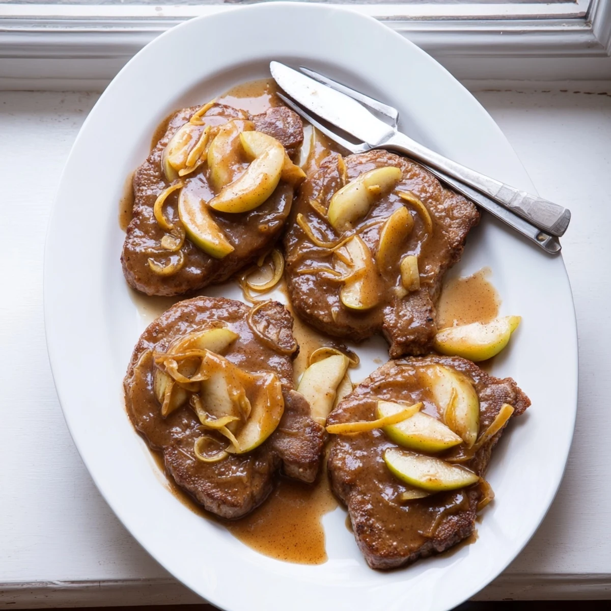 Golden brown apple butter pork chops simmered in a rich cinnamon-spiced sauce with tender sliced apples and onions