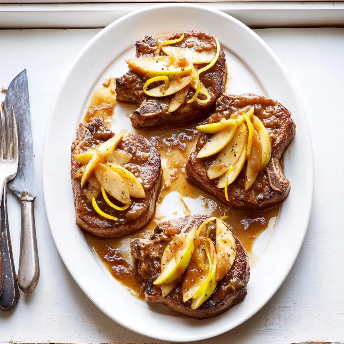 Juicy bone-in pork chops glazed with sweet apple butter sauce, garnished with softened apples and caramelized onions