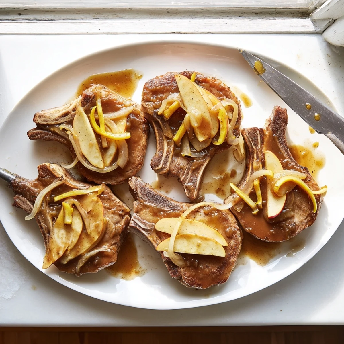 Tender apple butter pork chops served on a white plate topped with savory apple onion sauce
