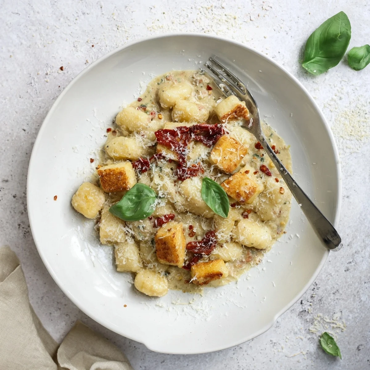 Golden crispy tofu cubes and pillowy gnocchi coated in rich sun-dried tomato cream sauce