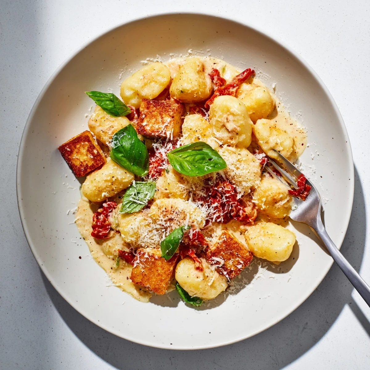 Crispy Marry Me tofu with gnocchi simmered in a velvety tomato cream sauce with herbs