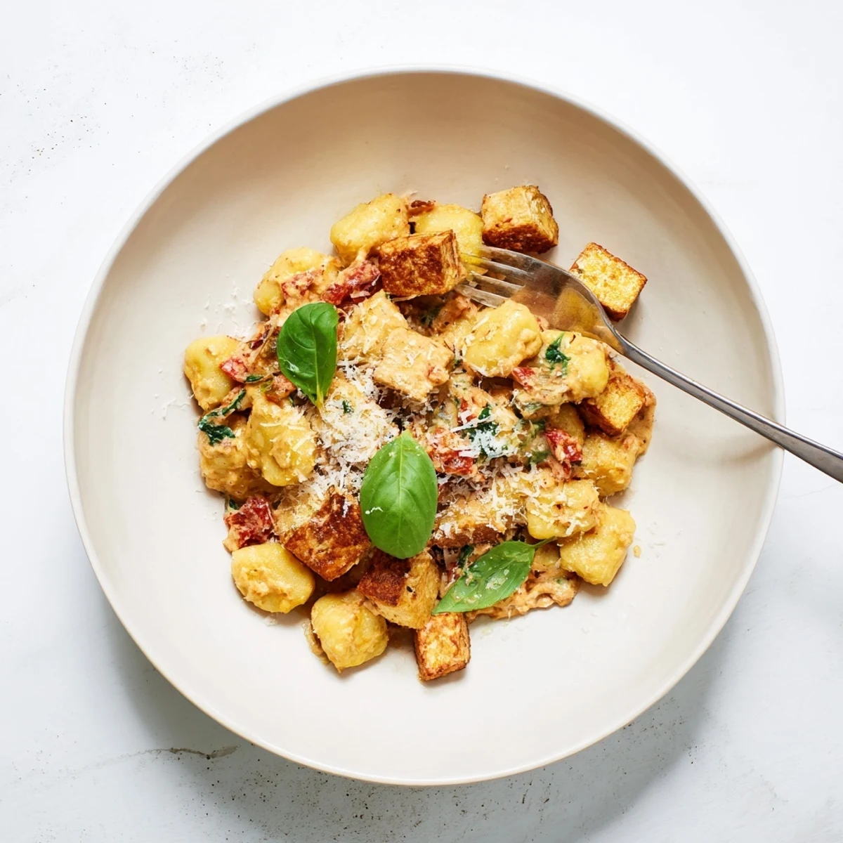 Restaurant-style crispy tofu and tender potato gnocchi in a creamy sun-dried tomato sauce garnished with basil
