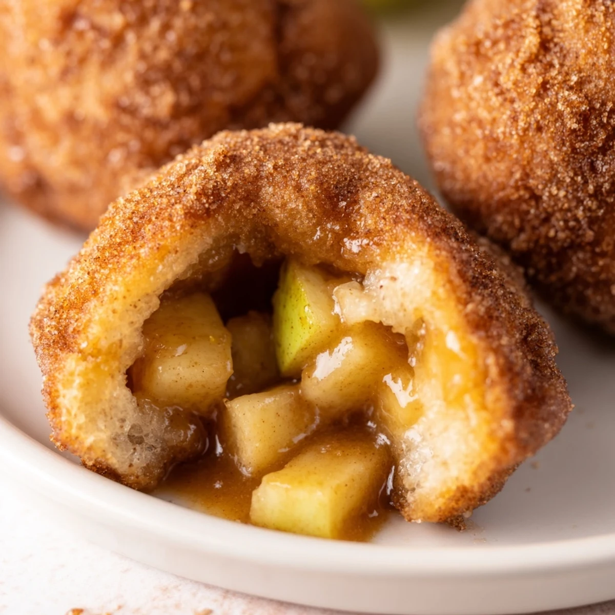 Warm baked caramel apple pie bombs stuffed with spiced apples on a parchment-lined baking sheet