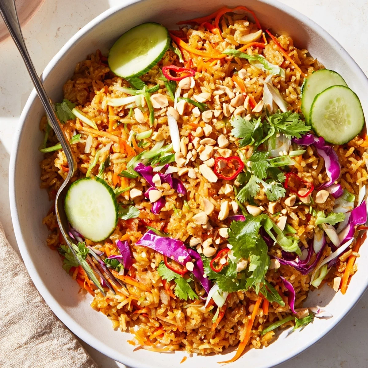 Golden crispy rice salad tossed with colorful vegetables in rich peanut sesame dressing bowl