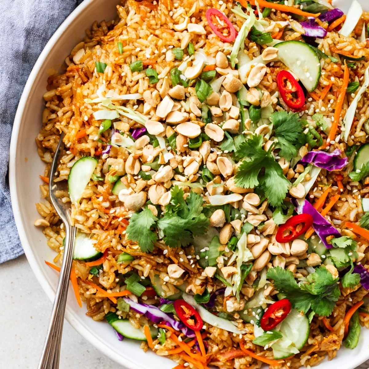 Vibrant Asian-style crispy rice salad with fresh crunchy veggies and creamy peanut sesame sauce