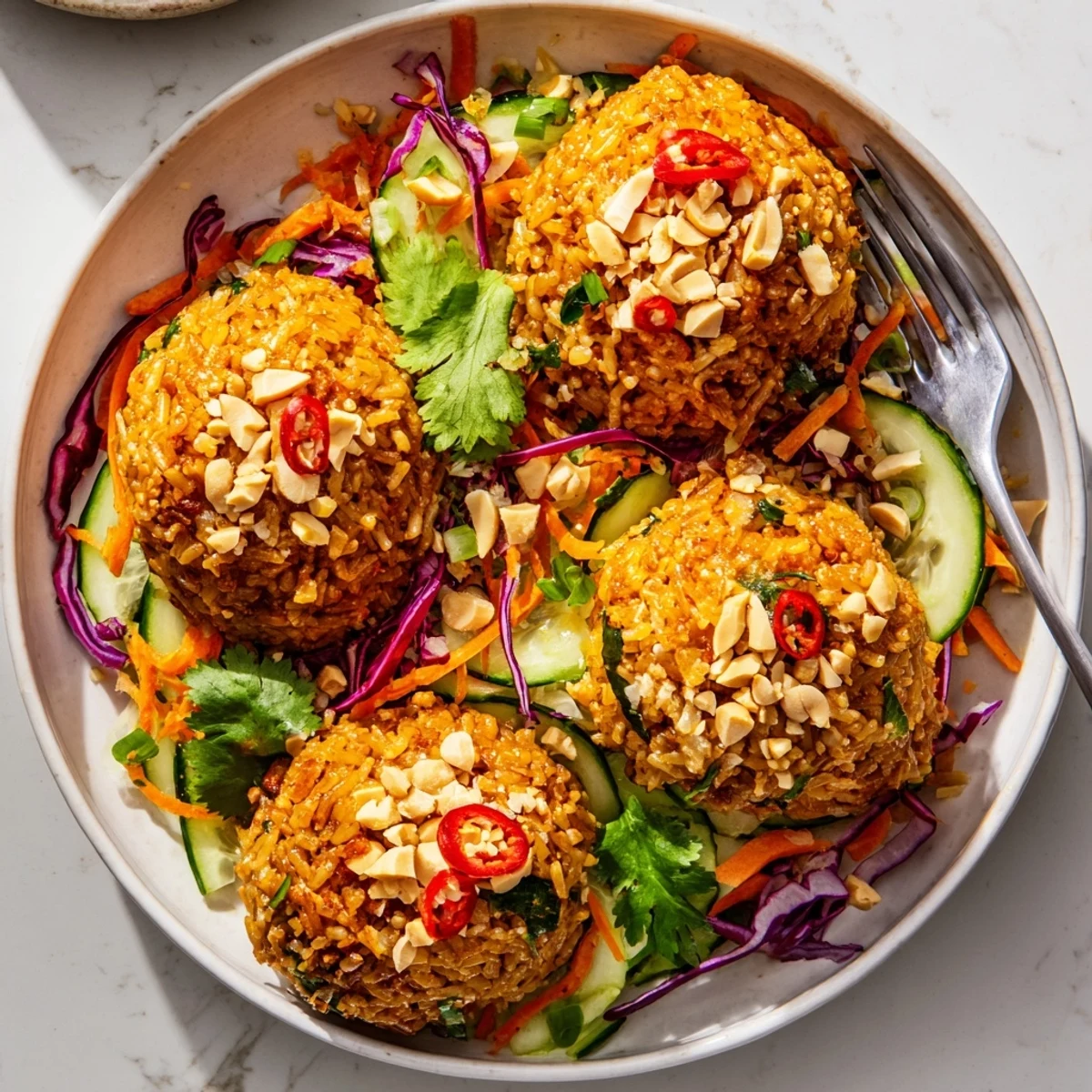 Crispy rice salad topped with roasted peanuts and sesame seeds in peanut sesame dressing