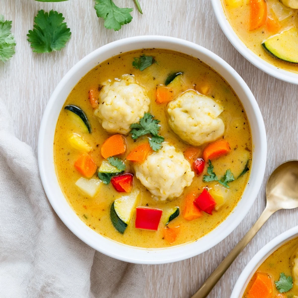 Creamy coconut curry soup with fluffy dumplings featuring colorful vegetables in a golden broth