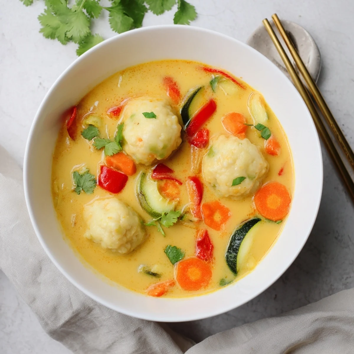 Vibrant vegetable coconut curry soup with light dumplings floating in aromatic spiced broth