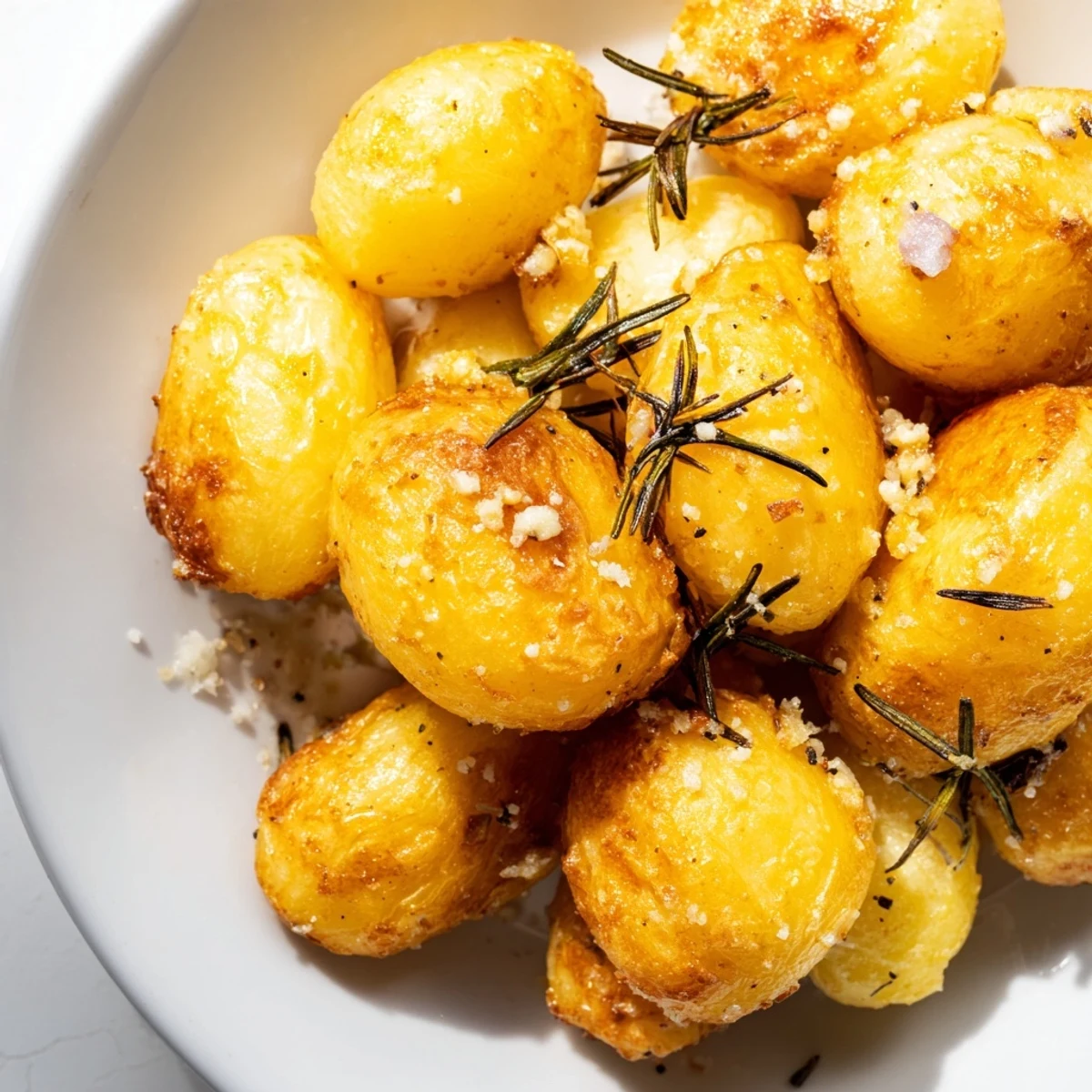 Crispy homemade roast potatoes roasted to perfection, garnished with fresh rosemary on a white platter