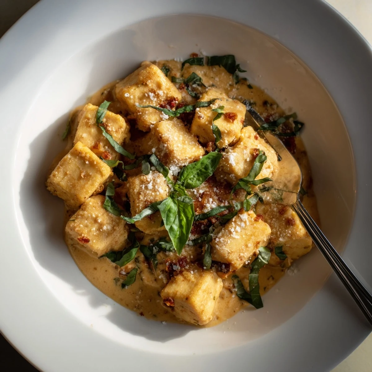 Golden crispy tofu cubes swimming in a rich sun-dried tomato garlic cream sauce with fresh basil garnish