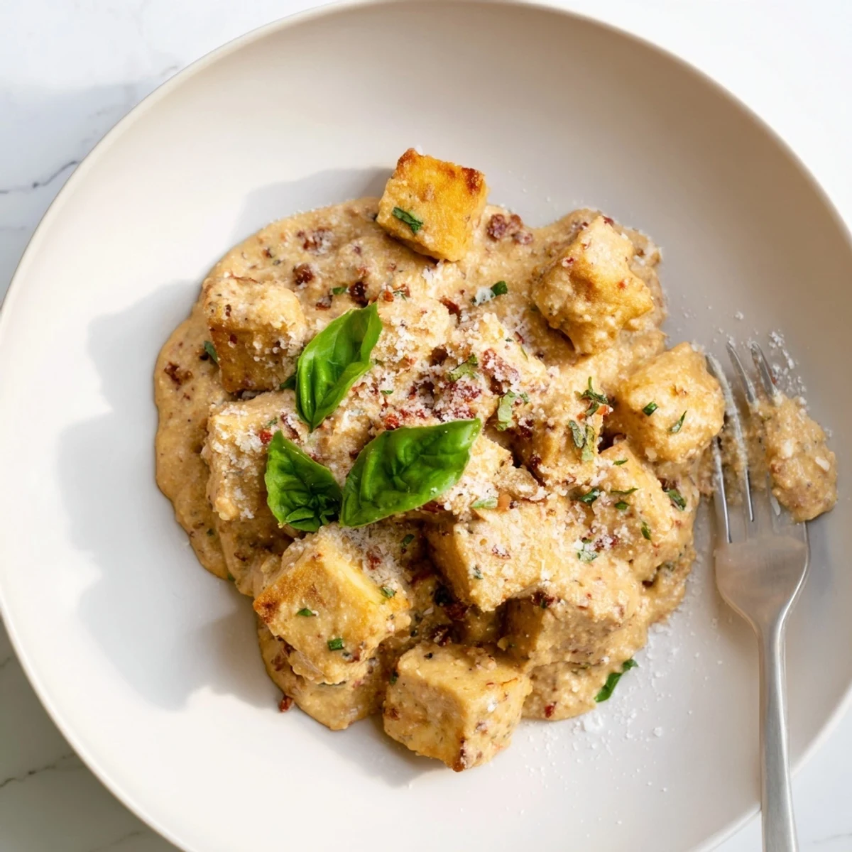 Creamy Marry Me Tofu skillet featuring golden brown tofu in a savory white sauce with red sun-dried tomatoes