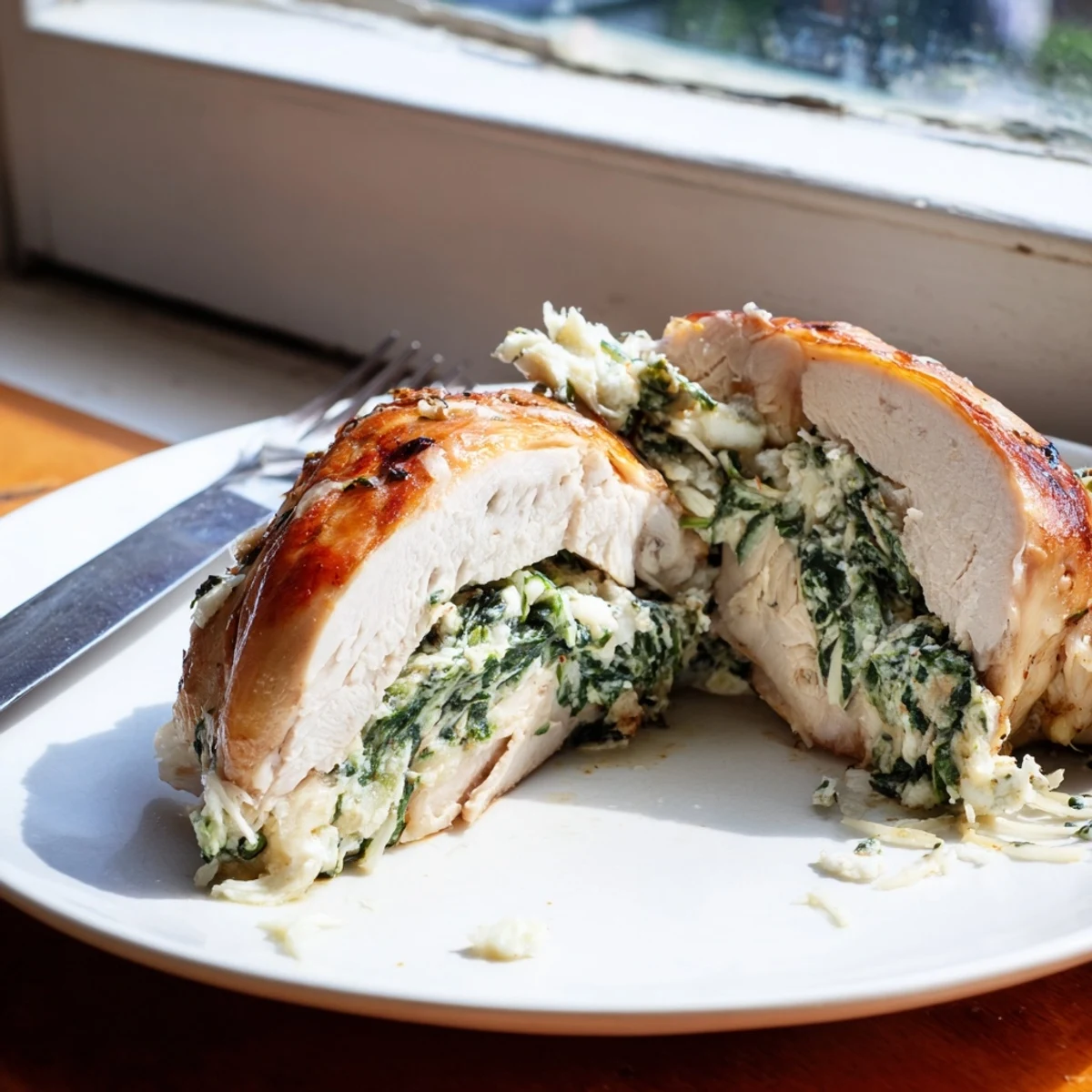 Golden baked spinach ricotta chicken breast with a crispy parmesan crust