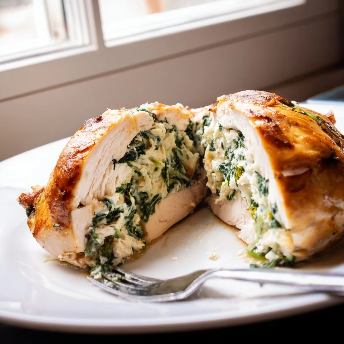 Tender stuffed chicken filled with creamy spinach ricotta mixture, plated for dinner