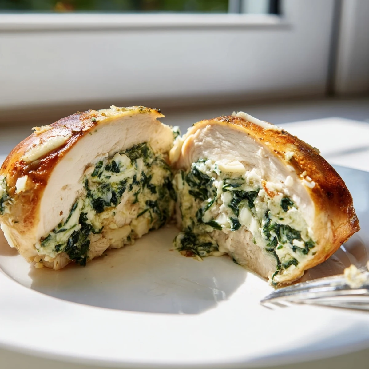 Juicy chicken breast rolled with spinach and ricotta, topped with melted cheese