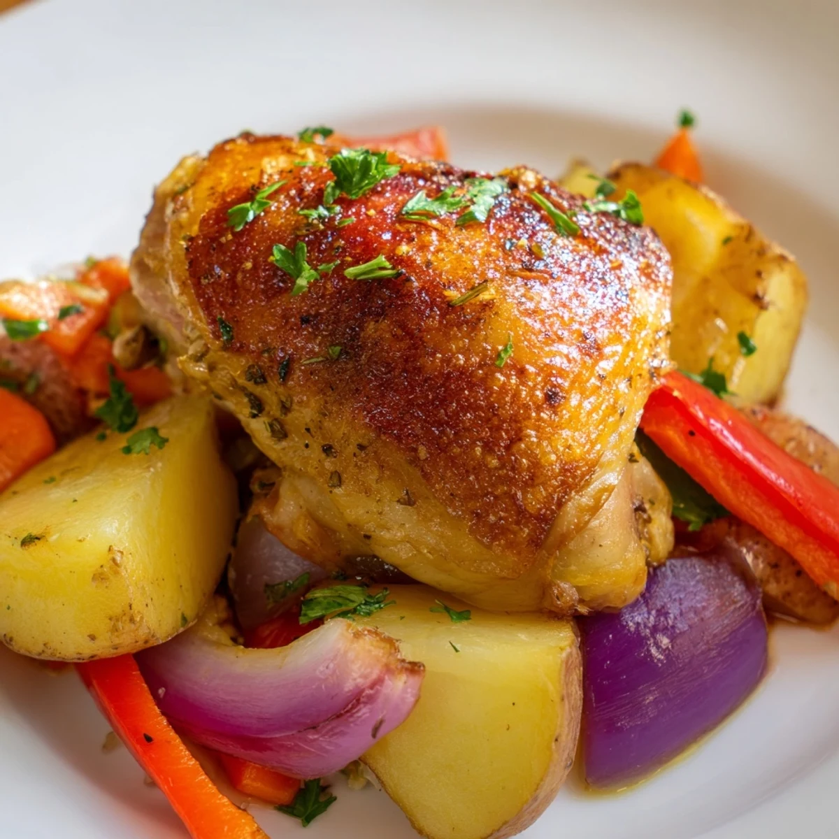 Golden brown chicken thighs with crispy skin nestled among roasted colorful vegetables on a metal baking sheet