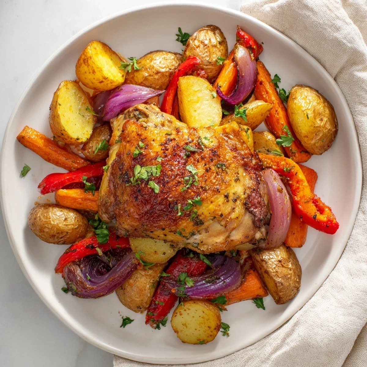 Tender one pan chicken bake featuring seasoned meat alongside caramelized potatoes carrots and red bell pepper strips