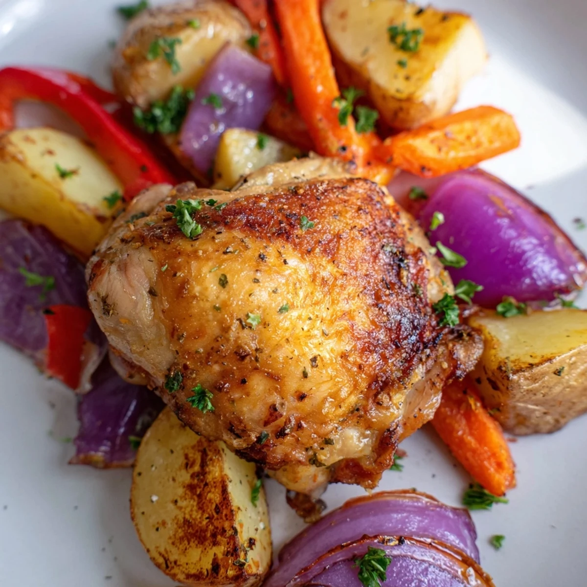 Easy one pan chicken bake arranged with herb rubbed chicken thighs and hearty root vegetables ready to serve
