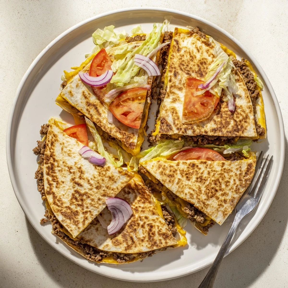 Golden crispy Smashburger Quesadillas filled with juicy beef patties and melted cheddar cheese