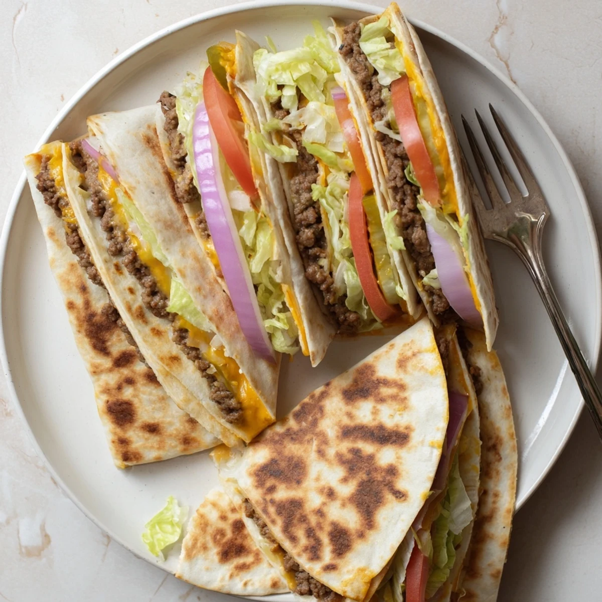 Half-moon tortillas packed with seasoned smashed burger meat and gooey shredded cheese topping
