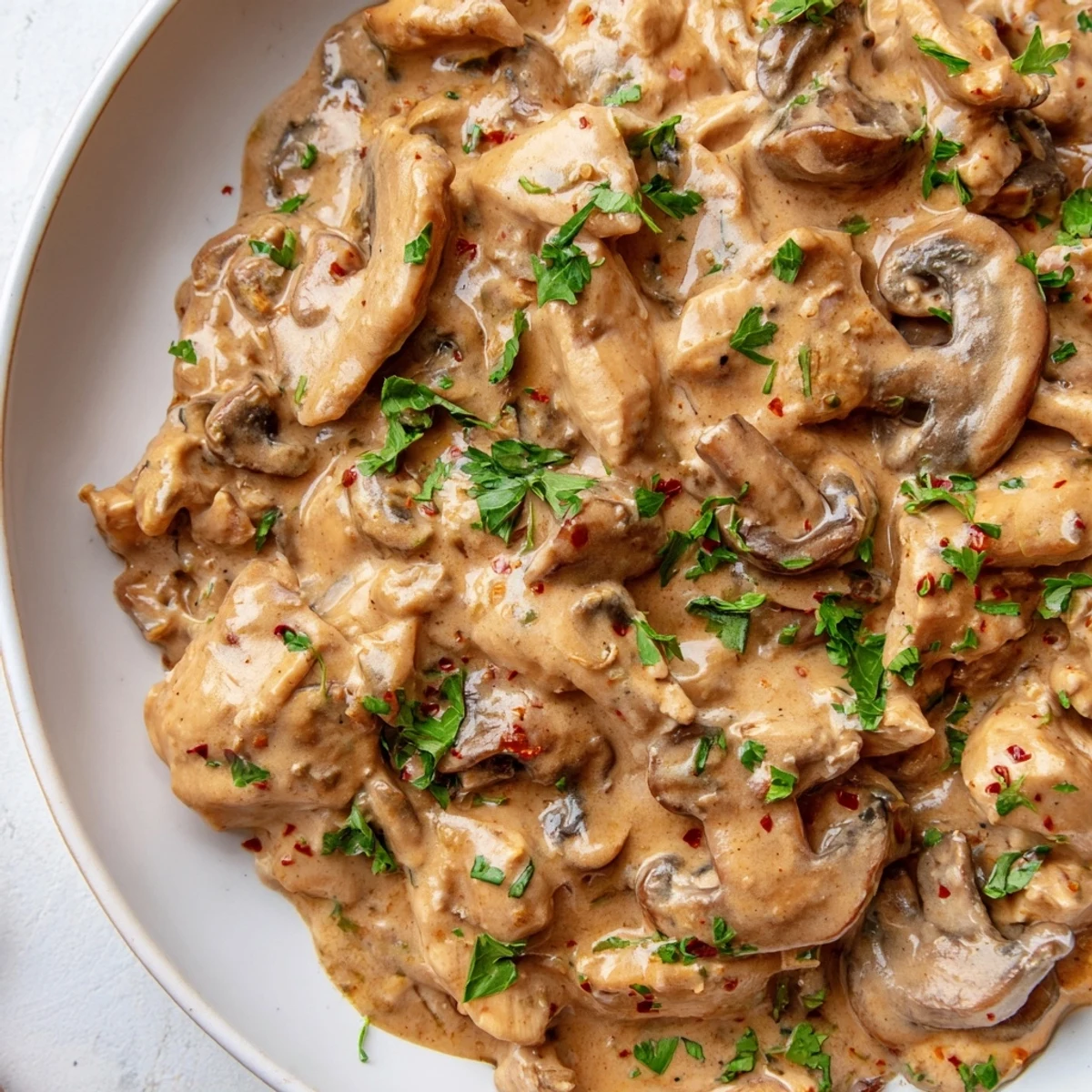 Creamy chicken stroganoff with tender strips and mushrooms in a rich sour cream sauce over egg noodles