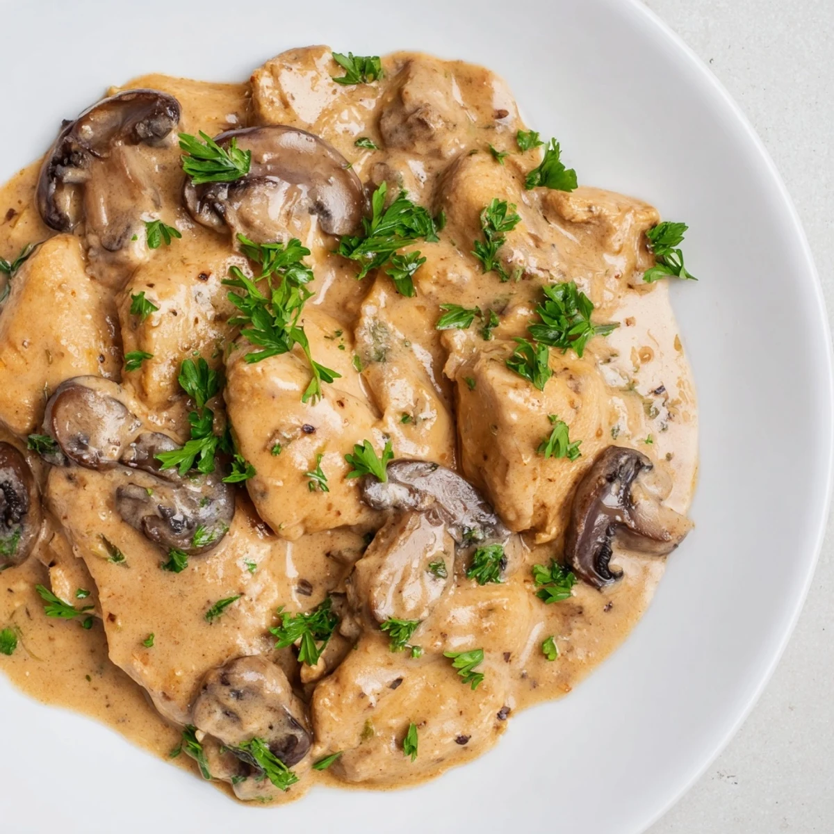 Comforting Russian-inspired chicken stroganoff plated with buttered pasta featuring a luxurious savory cream sauce and chopped herbs