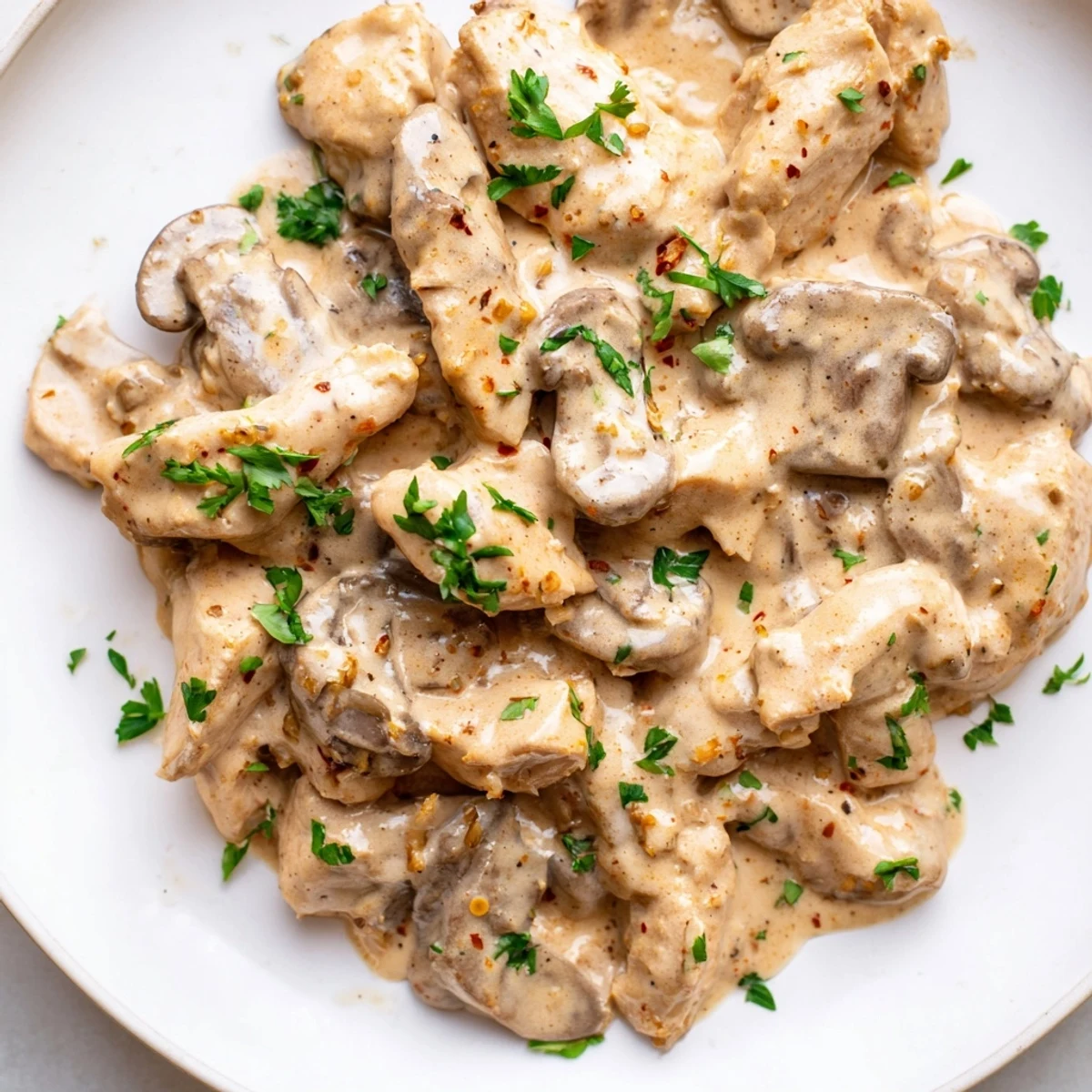 Golden brown chicken pieces and sautéed mushrooms swimming in a velvety white sauce garnished with fresh parsley