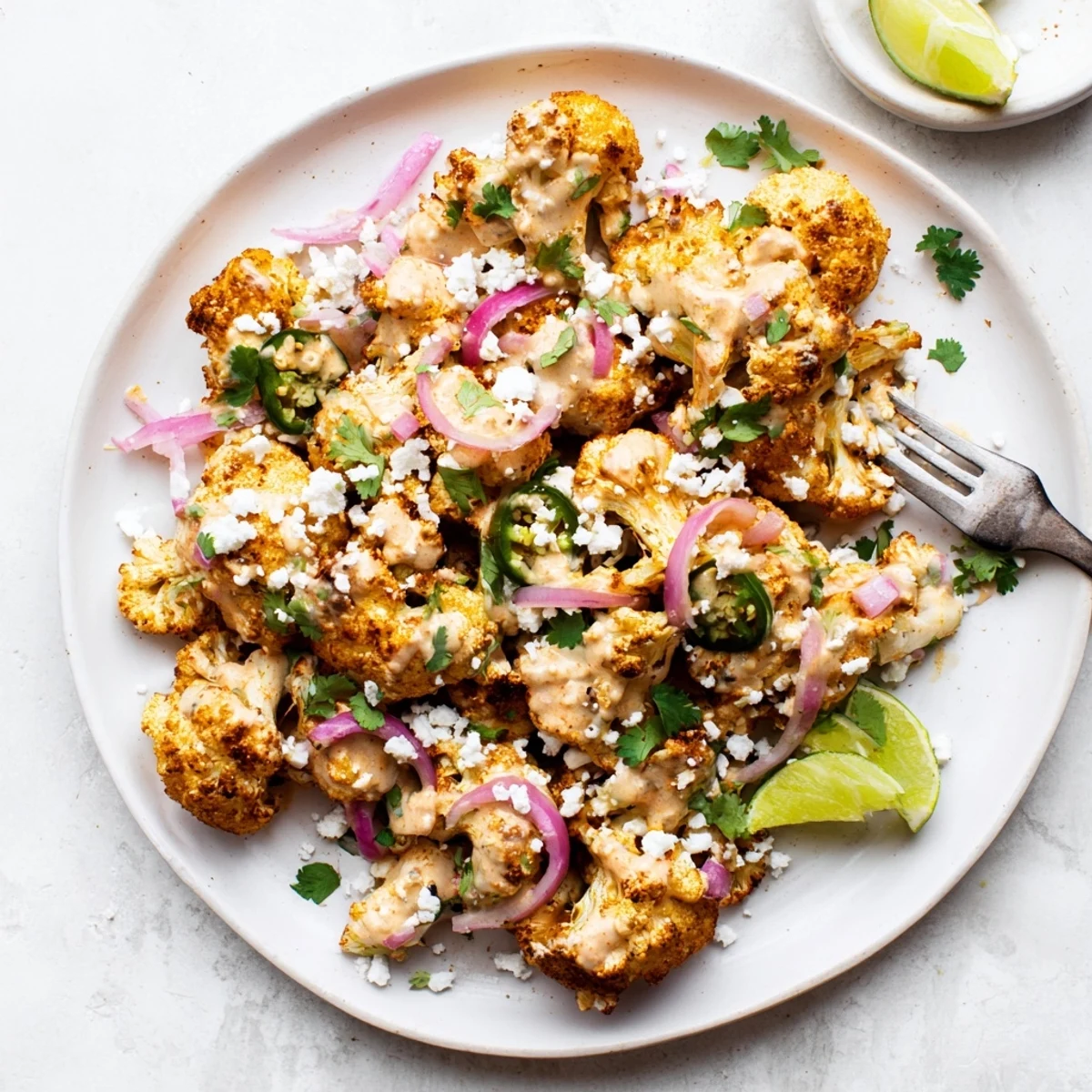 Golden roasted cauliflower elote coated in creamy lime mayonnaise and sprinkled with crumbled cotija cheese