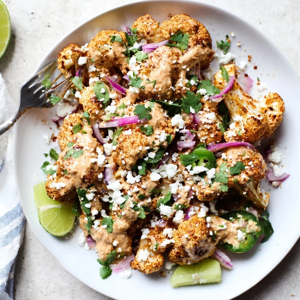 Vibrant Mexican cauliflower elote topped with fresh cilantro, red onion, and spicy chili powder garnish